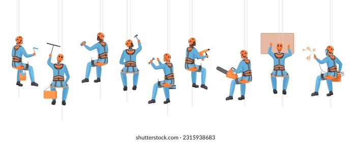 Construction and maintenance workers hanging on harness set vector illustration. Cartoon isolated technician climbers work with equipment at height, industrial alpinists with belt and rope protection