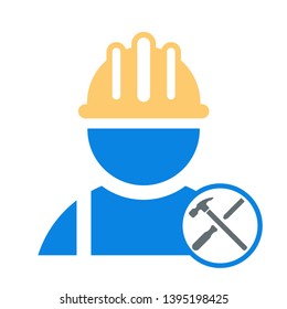 Construction male worker vector icon with hammer and chisel inside circle . Engineering vector icon isolated on white background