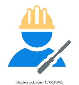 Construction male worker vector icon with chisel . Engineering vector icon isolated on white background