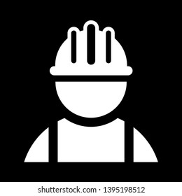 Construction male worker vector icon. Engineering vector icon isolated on black background