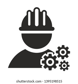 Construction male worker vector icon with three cogwheel . Engineering vector icon isolated on white background