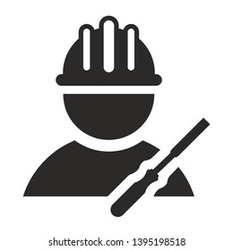 Construction male worker vector icon with chisel . Engineering vector icon isolated on white background