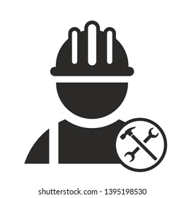 Construction male worker vector icon with hammer and wrench inside circle . Engineering vector icon isolated on white background