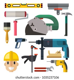 Construction man and building tools carpenter industry worker equipment vector illustration.