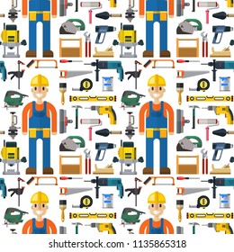 Construction man and building tools carpenter industry worker equipment seamless pattern background vector illustration.