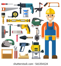 Construction man and building tools vector set.