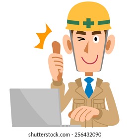 Construction man on site, thumbs-up in front of the PC