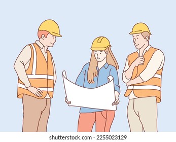 Construction man woman workers teamwork collaboration in blueprint planning simple korean style illustration