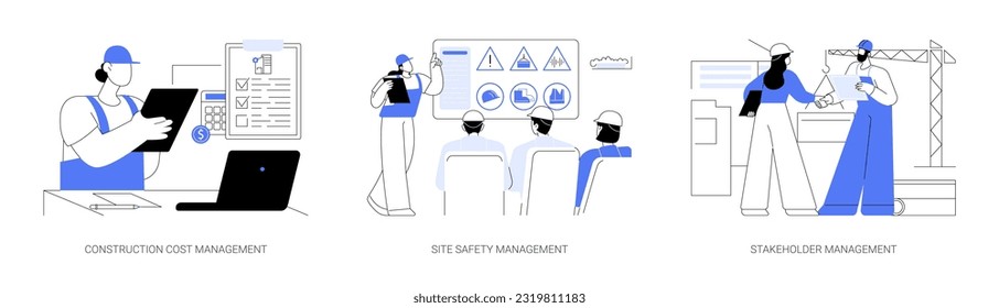 Construction management abstract concept vector illustration set. Construction cost management, safety briefing, stakeholder meeting, working with invoices and reports abstract metaphor.