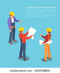 Construction management, color vector illustration isolated on blue backdrop, text sample, three building engineers, planning building construction