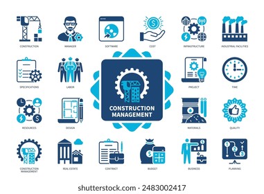 Construction Management icon set. Specification, Labor, Project, Materials, Advocacy, Budget, Real Estate, Industrial Facilities. Duotone color solid icons