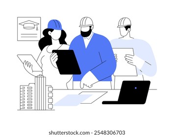 Construction management isolated cartoon vector illustrations. Foreman and his students working on an architecture project together, wearing helmet, associate degree vector cartoon.