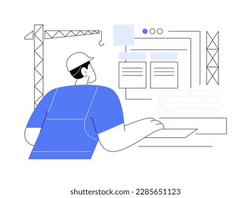 Construction management software abstract concept vector illustration. General contractor in uniform using construction scheduling software on computer, project management app abstract metaphor.