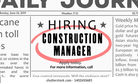 Construction manager job offer. Newspaper classified ad career opportunity.