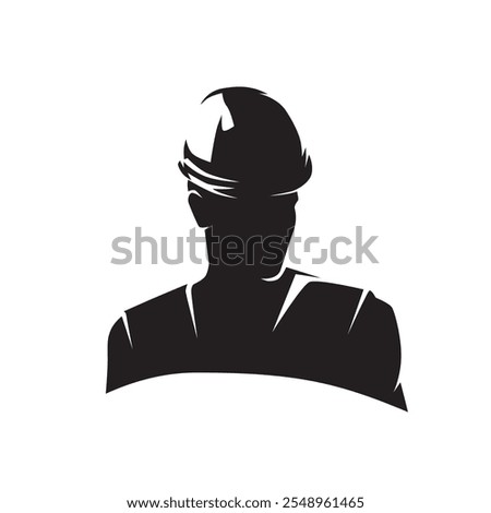 Construction manager wearing hard hat, isolated vector silhouette, ink drawing. Builder logo