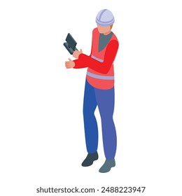 Construction manager wearing a safety helmet and vest, holding a tablet and gesturing while working on a construction site