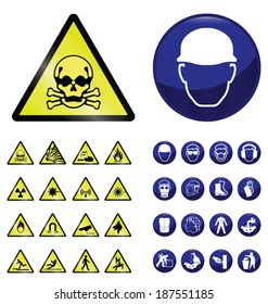 Construction mandatory health and safety and hazard warning sign collection isolated on white background