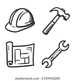 Iconos de herramientas manuales y de construcción: casco, martillo, plano y llave