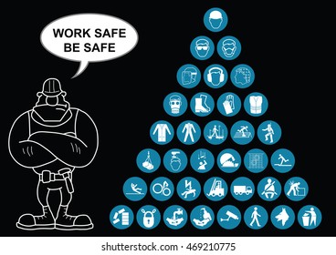 Construction Manufacturing And Engineering Health And Safety Related Icon Collection And Builder With Work Safe Be Safe Message On Black Background