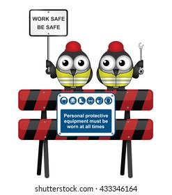 Construction manufacturing and engineering industry mandatory wear personal protection equipment sign on barrier isolated on white background