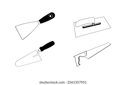 Construction and masonry tools vector set: spatula, trowel, float and saw - illustrations for DIY and building projects