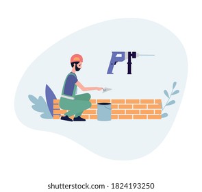 Construction and masonry works banner with bricklayer builds a brick wall, flat vector illustration isolated on white background. Backdrop for construction service.