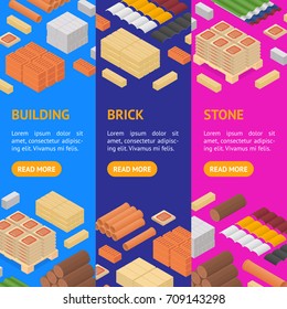 Construction Material Banner Vecrtical Set Isometric View Supply for Renovation of Buildings Design Element Web. Vector illustration