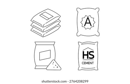Construction material cement bag icon set for building masonry and concrete works industrial supply.Editable stroke, Vector illustration, Line art Icon, Symbols.