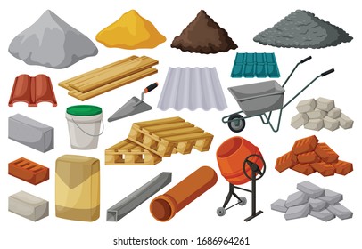 Construction material isolated cartoon set icon. Cartoon vector set icon building tools. Vector illustration construction material on white background.