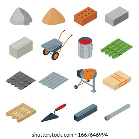 Construction material isometric set icon. Vector illustration building material on white background . Isolated cartoon set icon construction equipment .