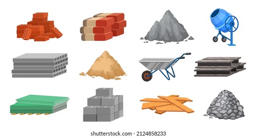 Construction material piles and equipment, cement, sand and bricks. Building blocks, wood planks, wheelbarrow and concrete mixer, vector set. Illustration of brick and heap for renovation