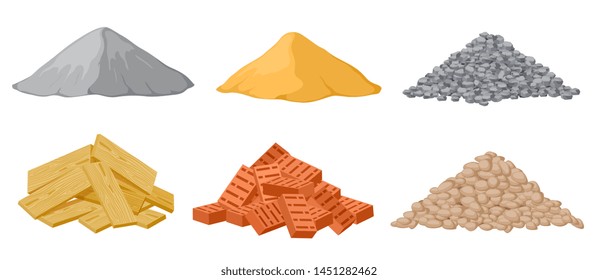 Construction material piles. Gypsum and sand, crushed and stones, red bricks and wooden planks heaps isolated vector set. Industrial plywood, panel and pile of bricks and sand illustration svg