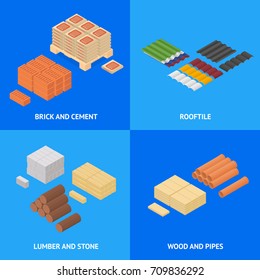 Construction Material Poster Card Set Isometric View Supply for Renovation of Buildings Design Element Web. Vector illustration