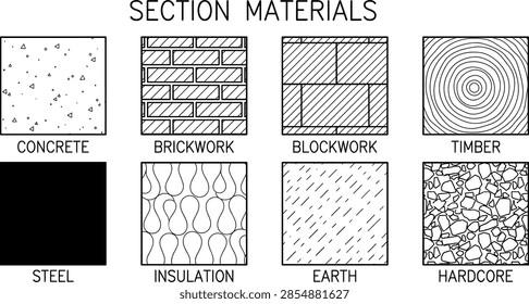Construction material section patterns. Concrete, brickwork, blockwork, timber, steel, insulation, earth and hardcore shown as labeled black hatching samples. Architectural vector collection