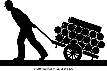 Construction material transport silhouette vector illustration featuring worker pulling cart with pipes.