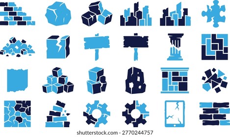 Construction materials, building blocks, demolition icons, structural elements, abstract art.