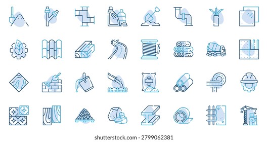 Construction Materials and Building Industry Line Icons Set Cement, Concrete Mixer, Steel Beam, Pipes, Lumber Editable Stroke Vector Illustration