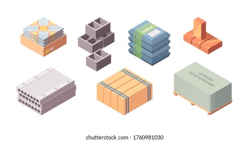 Construction materials building isometric set. Box with tiles large concrete blocks gray cinder block packaging cement bags wooden board red brick gypsum plasterboard container. Cartoon vector style