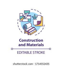 Icono de concepto de construcción y materiales. Uso de cannabis, productos de cáñamo idea ilustración de línea delgada. Aislamiento basado en marihuana y fibra. Dibujo de color RGB con contorno aislado por vectores. Trazo editable