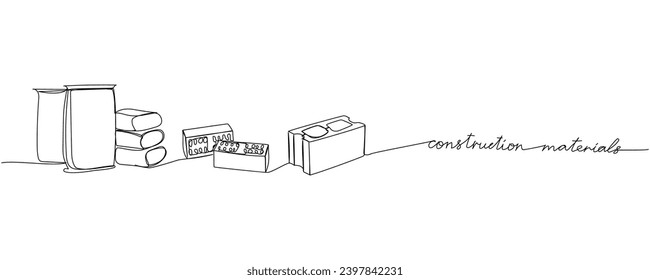 Construction materials, concrete block, brick, building materials one line art. Continuous line drawing of repair, professional, hand, people, concept with inscription, lettering, handwritten.