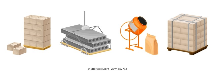 Construction Materials and Equipment with Blocks and Cement Mixer Vector Set