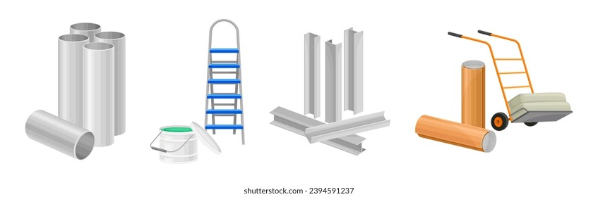 Construction Materials and Equipment with Ladder and Metal Tube Vector Set