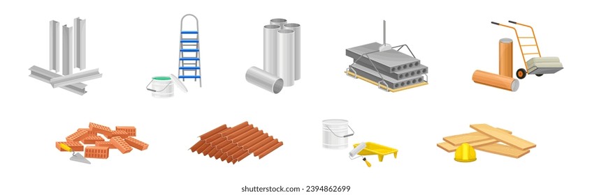 Construction Materials and Equipment with Ladder, Tile Roofing, Wooden Plank and Metal Tube Vector Set