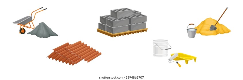 Construction Materials and Equipment with Tile Roofing, Block, Sand and Bucket Vector Set