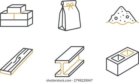 Construction materials icons including bricks wood steel and sand