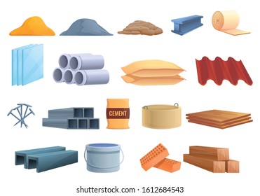 Construction materials icons set. Cartoon set of construction materials vector icons for web design