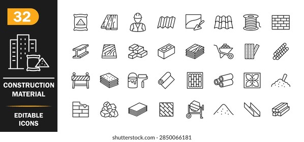 Construction Materials Icons Set – Editable Stroke Line Icons for Building Supplies, Brick, Cement, Wood and Steel