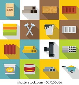 Construction materials icons set. Flat illustration of 16 construction materials vector icons for web