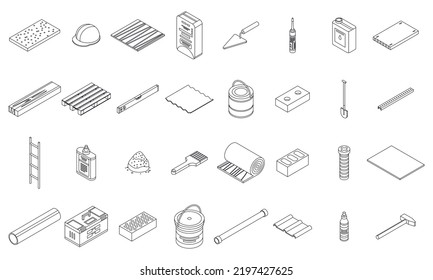 Construction materials icons set. Isometric set of construction materials vector icons outline thin lne isolated on white