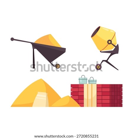 Construction materials including wheelbarrow cement mixer and bricks